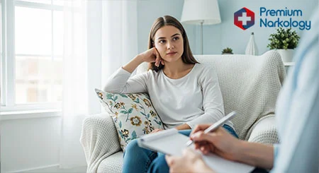 Девушка сидит в кресле и слушает врача